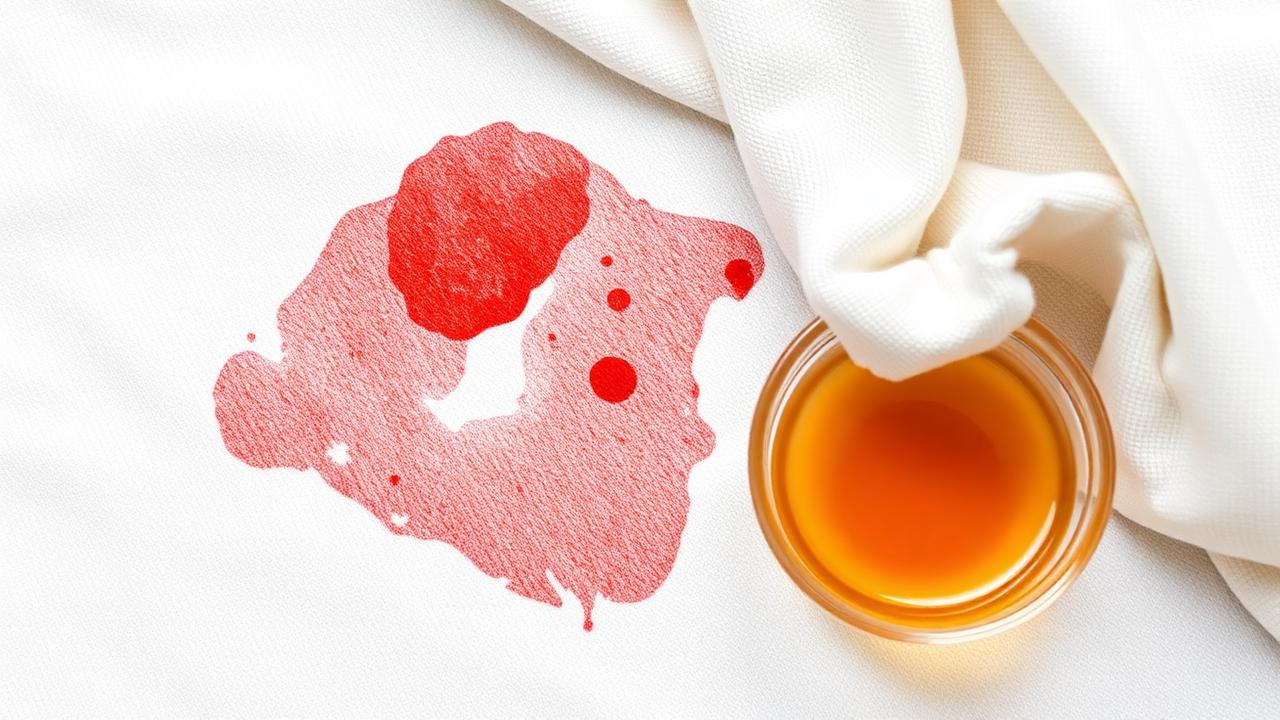 A red stain on white fabric being treated with a cloth and cleaning solution