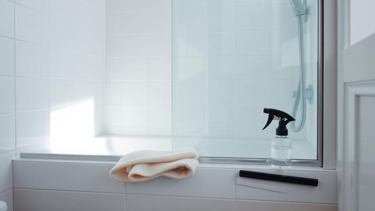 Bright white-tiled bathroom with a microfibre cloth, spray bottle and squeegee ready for cleaning