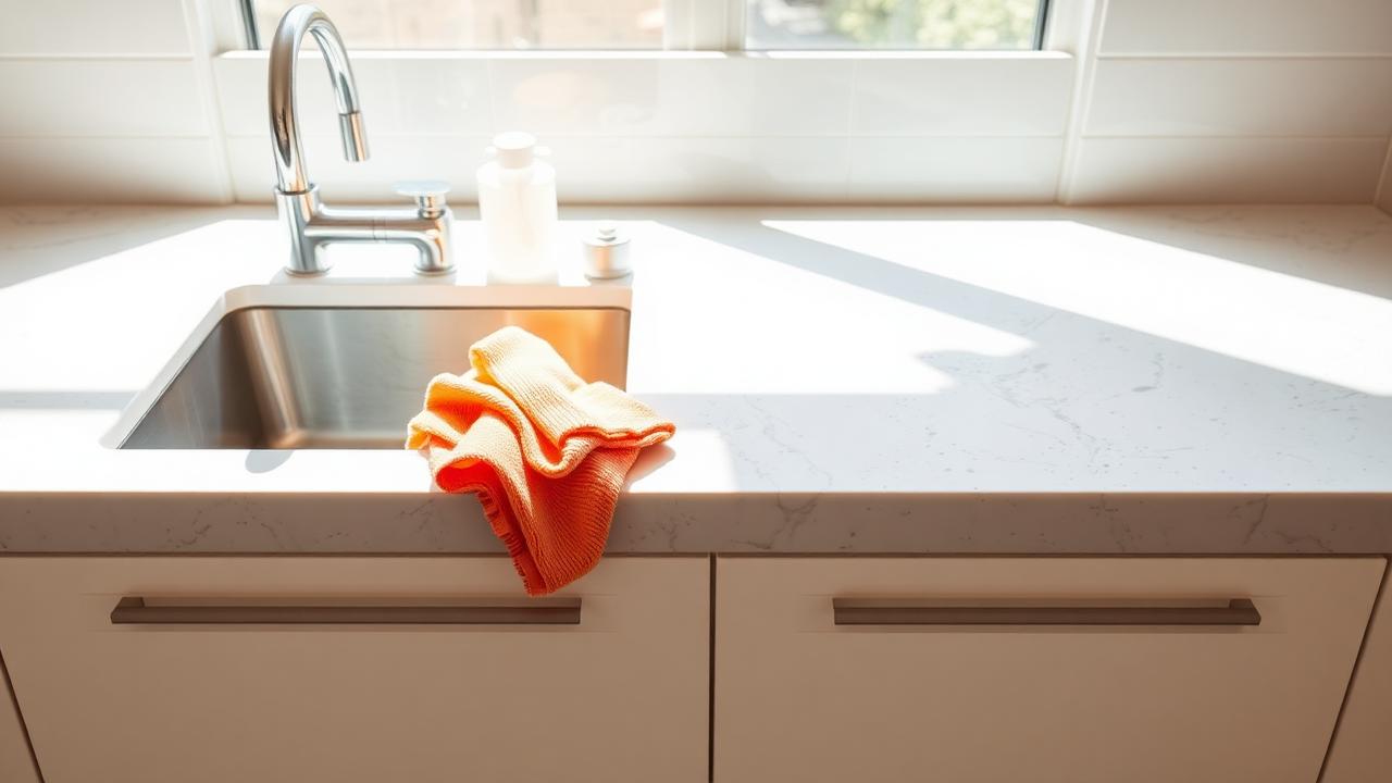 Freshly wiped kitchen bench and sink with a microfibre cloth