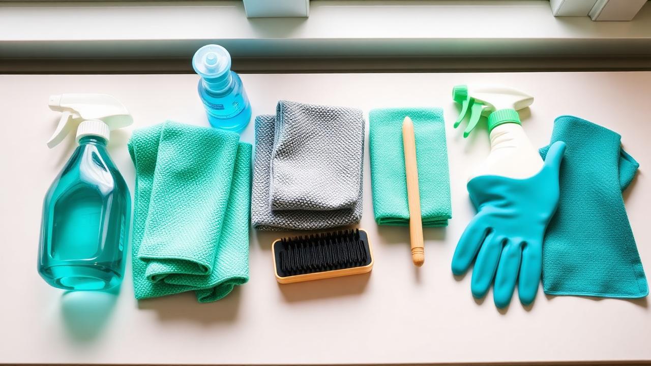 Cleaning supplies laid out on a bench: microfibre cloths, spray bottles, brush and gloves
