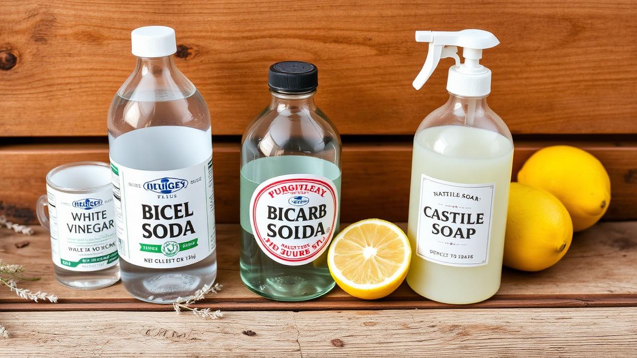 Natural cleaning ingredients: white vinegar, bicarb soda, lemons and castile soap