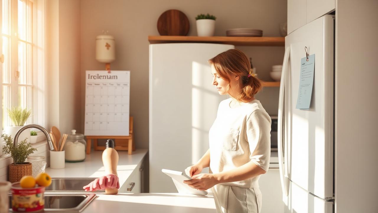 Parent tidying a bright family kitchen with a weekly cleaning planner