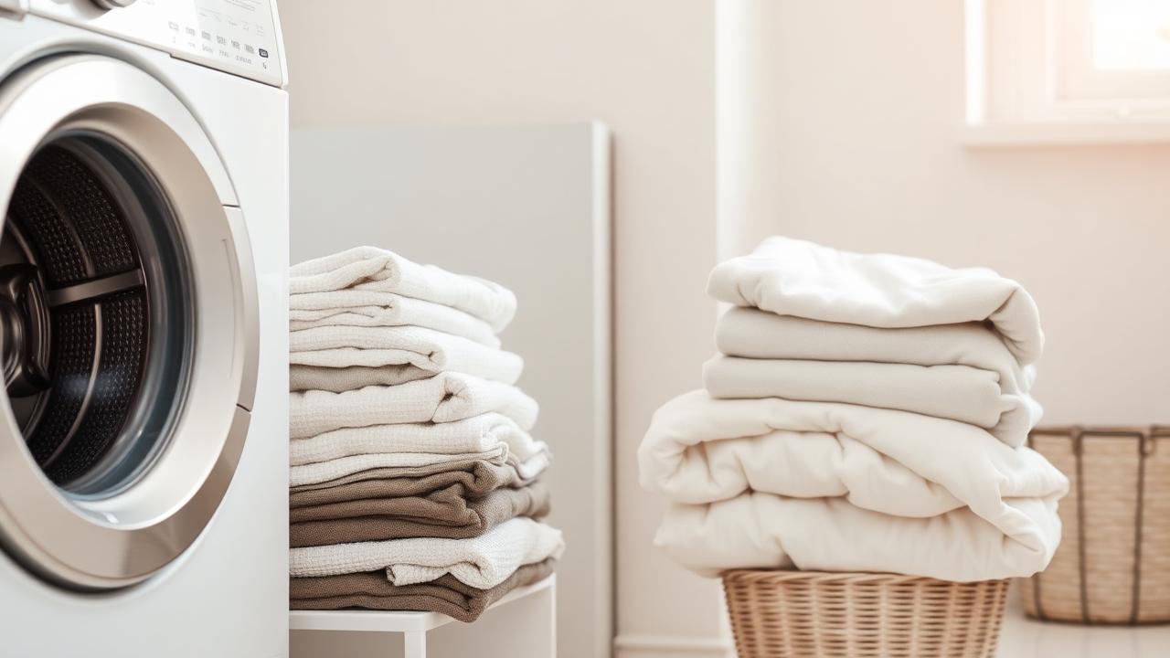 Folded laundry stacked beside an open washing machine
