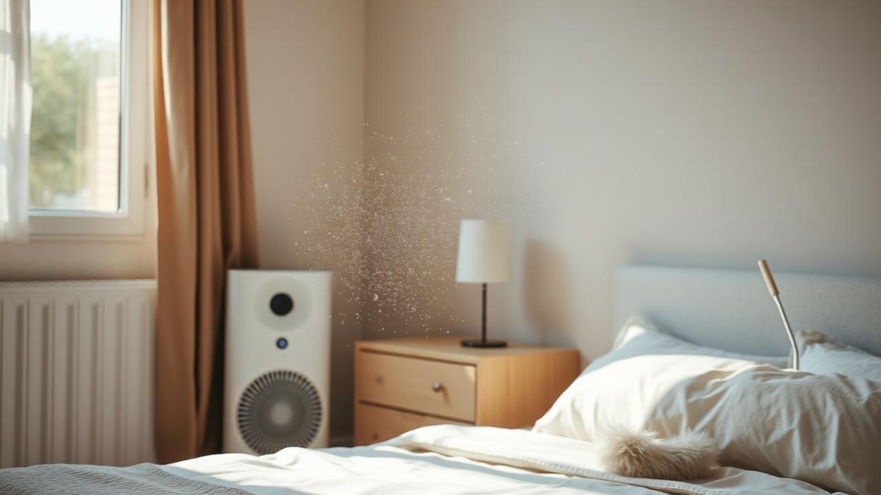 Dust motes caught in bedroom sunlight beside an air purifier and freshly made bed