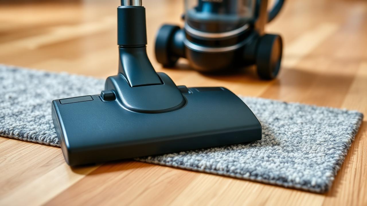 Vacuum head cleaning a rug next to hardwood flooring