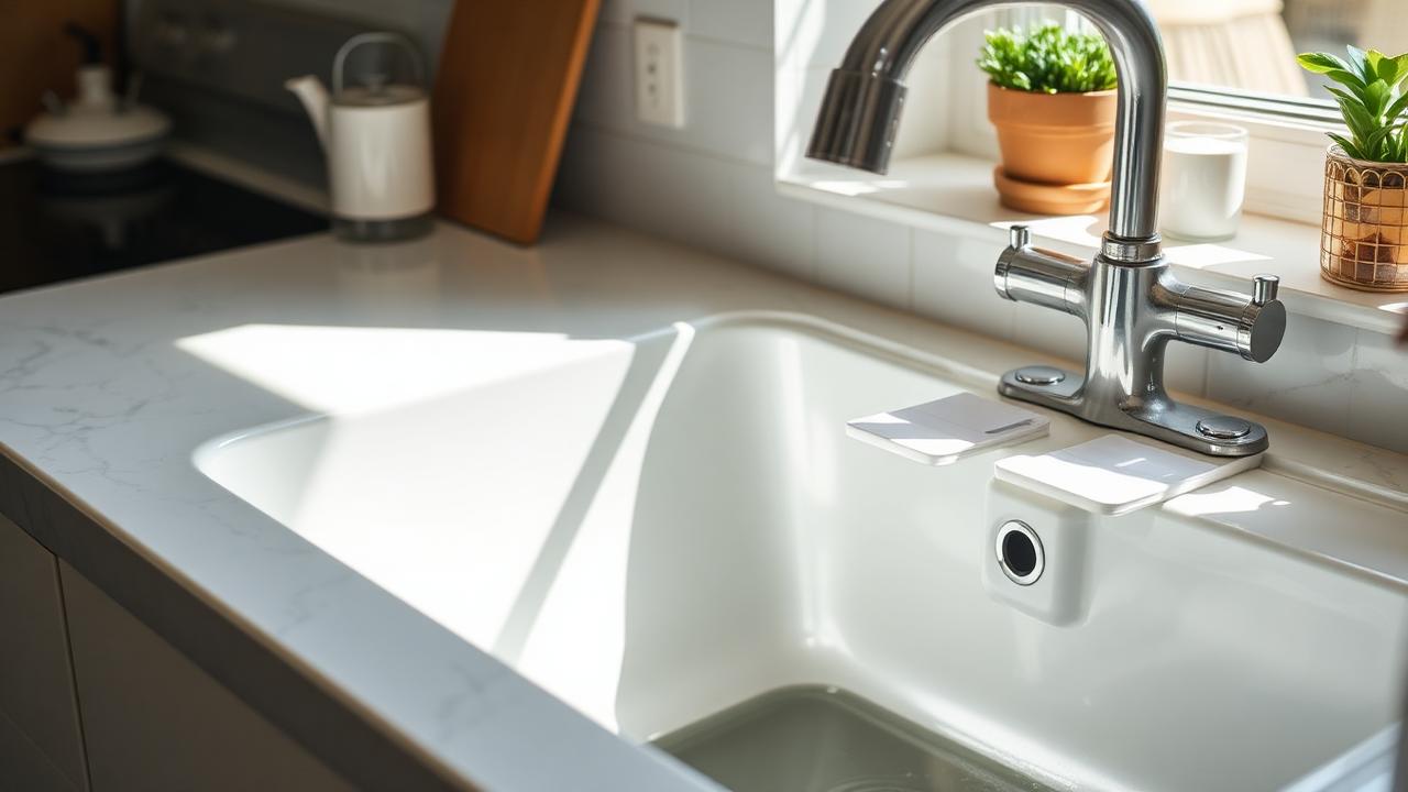 Shiny clean kitchen sink with routine cards on the bench