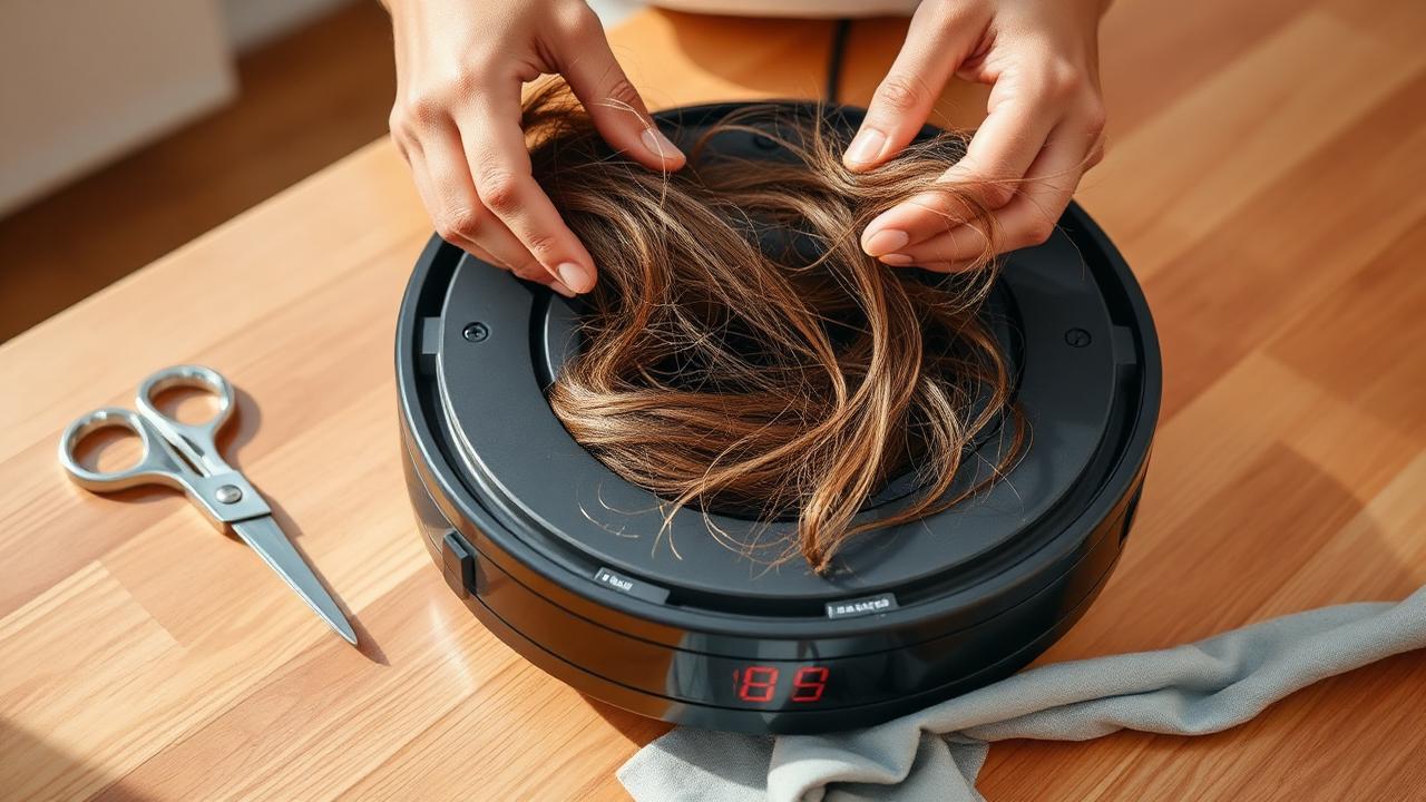 Hands removing tangled hair from a robot vacuum brush roller